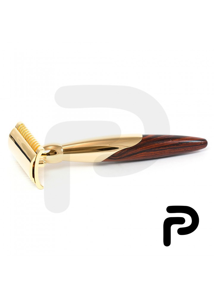 Open Comb Wood Handle Gold Plated Safety Razor